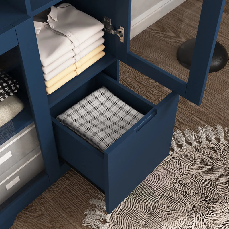 Armoire de rangement multifonctionnelle en MDF massif - 2 portes en verre incassables, tablettes réglables, conception sans poignée (pour le salon / bureau / chambre à coucher) ， Bleu