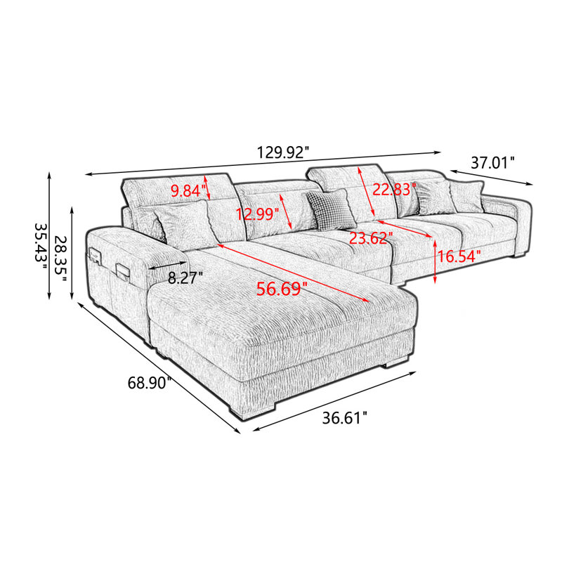 Canapé modulaire 3 pièces rembourré, Crème / jaune, H 35,43 po x l 129,92 po x P 68,9 po, Face à la gauche