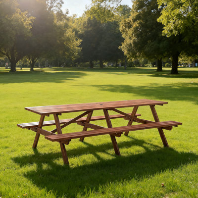 Très grand ensemble de table de pique-nique d'extérieur de 95 pouces avec bancs, table de patio en bois pour 12 personnes avec trou de parasol, mobilier de jardin brun rustique pour la cour arrière, 240 cm