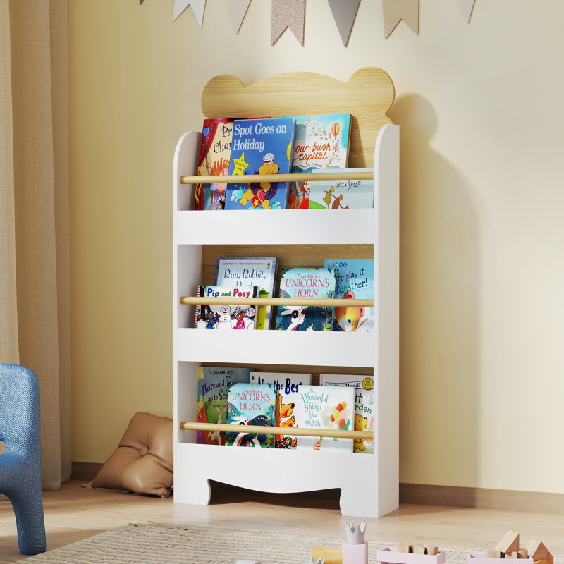 AIYAPLAY Kids Bookshelf 3 Tier Children Bookcase Bear Theme Toddler White