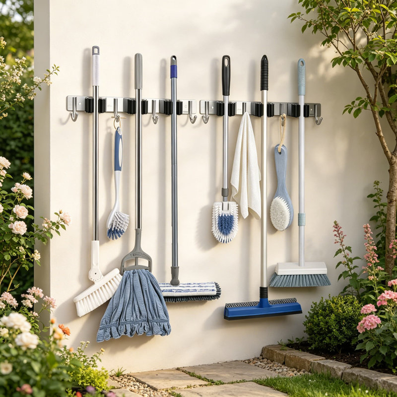 Support mural robuste pour porte-balai, ensemble de 2 vadrouilles en acier inoxydable et organisateur de balai pour le garage, la cuisine, la salle de lavage, le placard - rangement compact avec 2 options d'installation