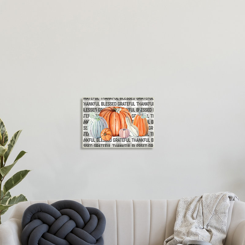 «Thankful Grateful», citrouilles de ferme écossaises grises - peinture, H 13 po x l 19 po, Bois naturel