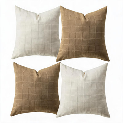 Soft Chenille Plaid Throw Pillow Covers 18 x 18 Inch, Set of 4 Farmhouse Boho Cushion Covers for Sofa Couch Bedroom, 2 Beige 2 Brown