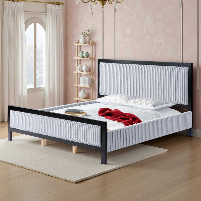 Lit plateforme avec tête de lit tapissier gris clair et structure en bois, Très grand lit