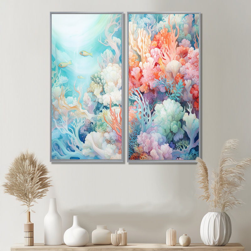 Underwater Coral Symphony Ii I - Art mural en toile rose 2 pièces, H 32 po x l 32 po, Impression encadrée flottante