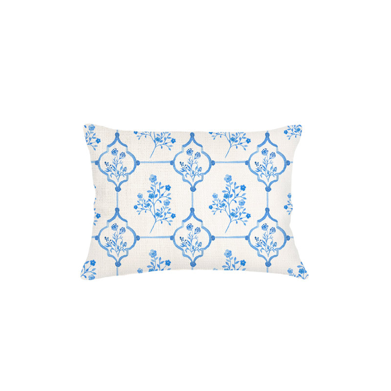 Blue French Toile Linen Pillow 14x40 with Down Insert, Rectangle 14" H x 40" W, Polyester