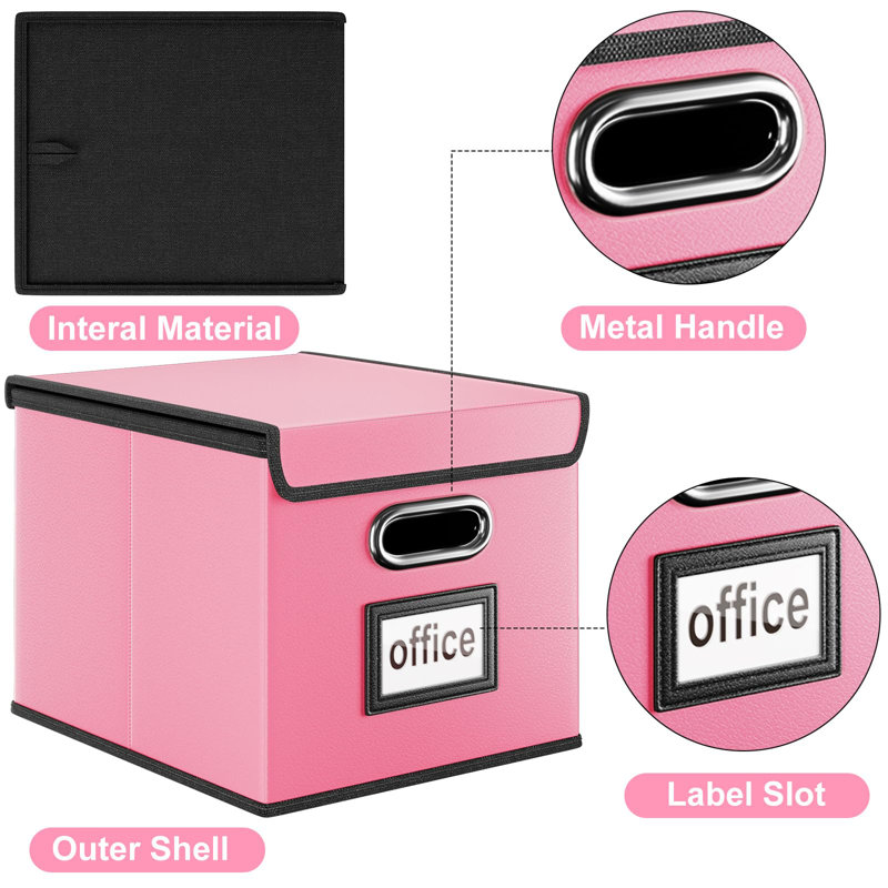 Pink Leather Collapsible File Organizer Box with Lid
