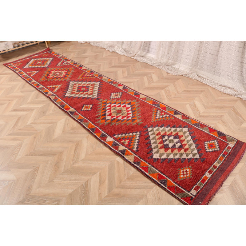 Tapis de couloir anatolien rétro en laine rouge Herki