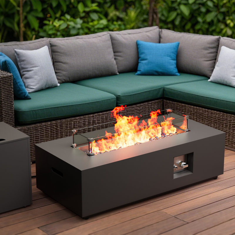 42" Rectangular Propane Fire Pit Table Outdoor Patio Backyard Gas Fire Table with 50,000 BTU Burner, Outdoor Fireplace,Wind Guard, Lid, Waterproof Cover and Tank Storage, Black