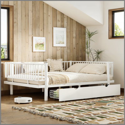 Lit plateforme double avec tiroirs de rangement, structure de lit de jour en métal avec conception de tuyau rond de sécurité améliorée, conception à profil bas, blanc