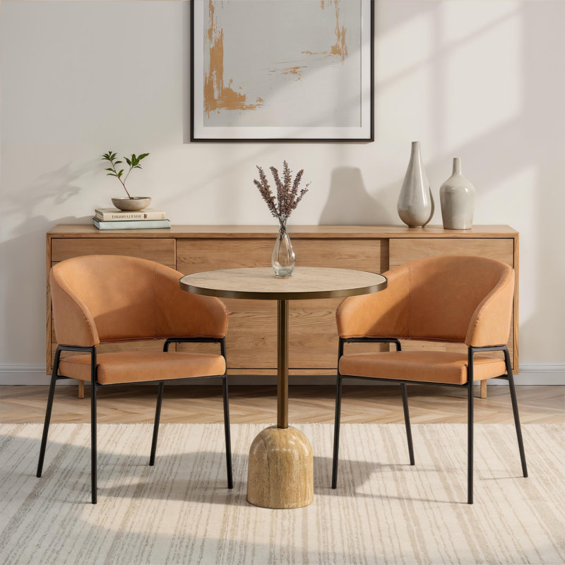 Cathey Boucle Upholstered Dining Chair, Olive, Faux Leather Camel