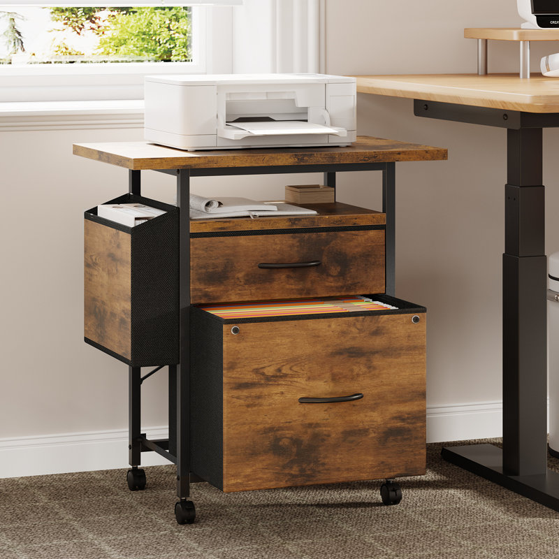 24" Wide 2-Drawer Mobile File Cabinet with Printer Stand and Side Pocket, Rustic wood