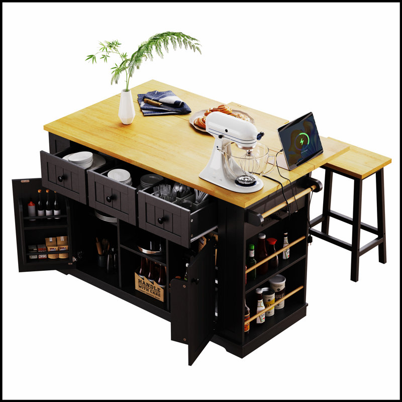 53-Inch Large Kitchen Island With 2 Bar Stools, Power Outlets, And Ample Storage For Modern Kitchens And Dining Rooms, Black