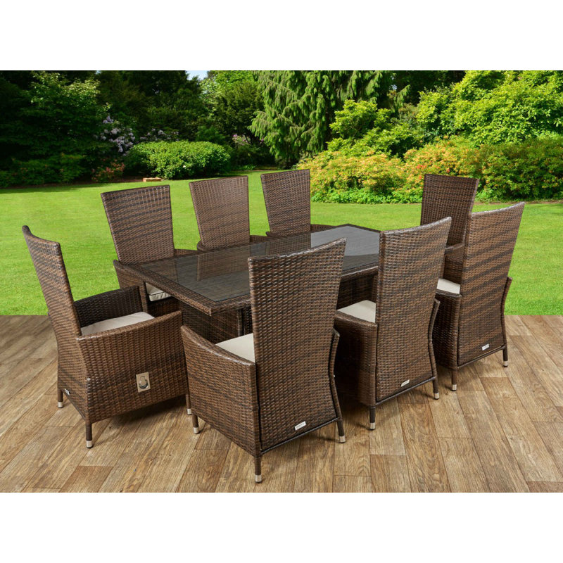 Copenhaver 8 - Person Patio Dining Set with Rectangular Table , Cushions Included, Chocolate/Cream