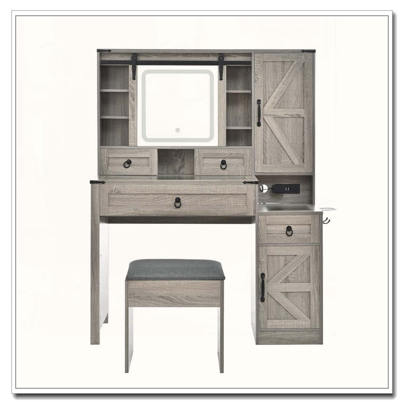 Bureau de coiffeuse avec miroir à DEL coulissant et station de charge Farmhouse, Gris