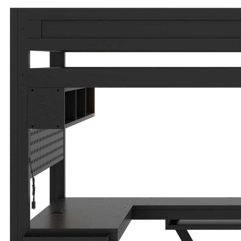 Lit mezzanine double pleine grandeur: structure en bois, bureau, tablettes de rangement, DEL et station de charge, Noir