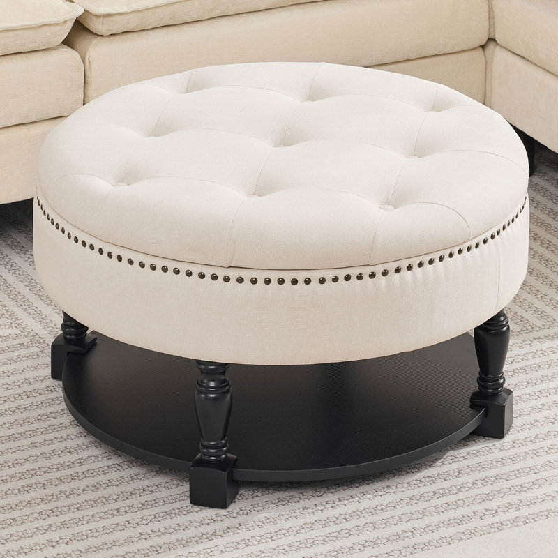 Pouf de rangement rond capitonné à deux niveaux avec couvercle relevable et tablette en bois, Beige