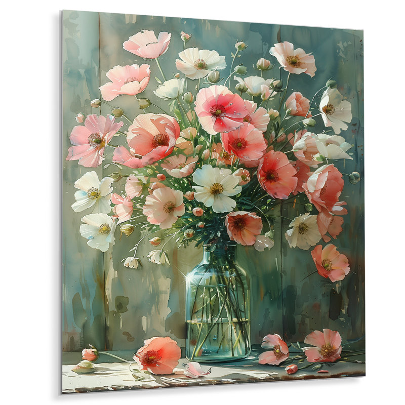 Bouquet de roses roses et vertes, bouquet de lait, art mural, H 20 po x l 12 po x P 1 po, Métal métal