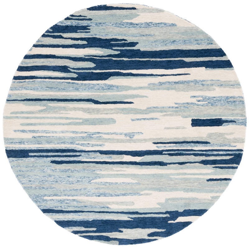 Jhenifer Tufted Wool Cotton Performance Abstract Rug in Blue/Ivory, Round 6'