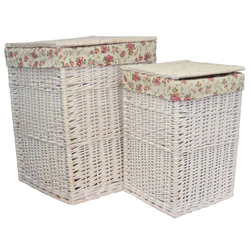 Wicker 2 Piece Lined Laundry Basket Set, White Wash
