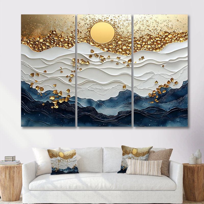 Blue Waves Heights Golden Coastal II - ensemble d'art mural côtier, H 28 po x l 36 po x P 1 po, Toile tendue
