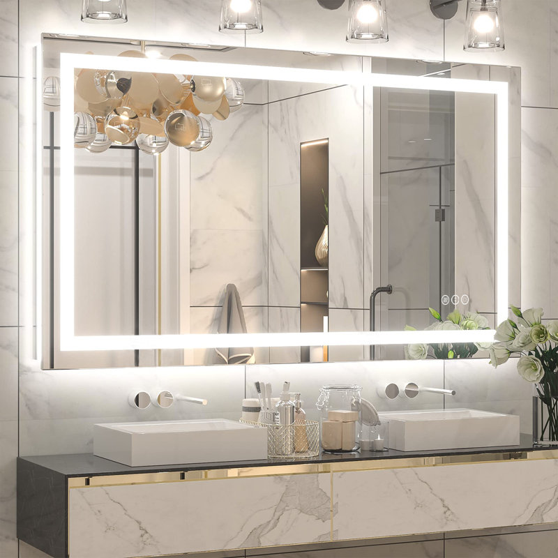 Molly Framelss or Framed LED Anti-Fog Tempered Glass Wall Bathroom Vanity Mirror - UL Certified, 40" x 24", Black