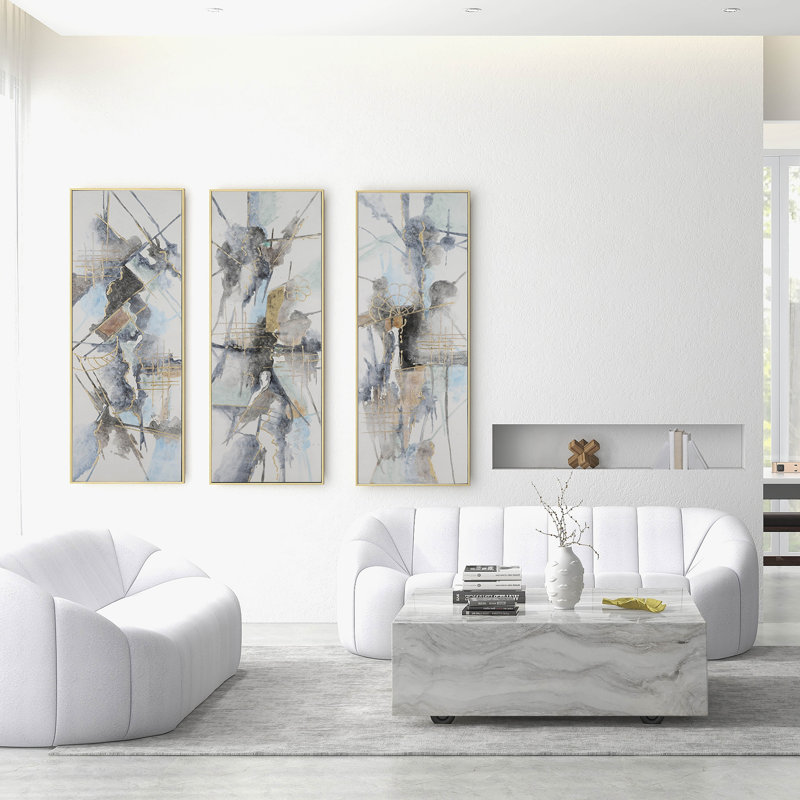 Modern Large Set of Three, Abstract Design, Canvas and Pine Wood, Multi-Colored