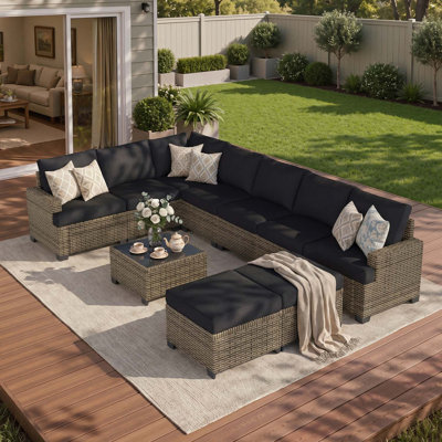 Ensemble de conversation modulaire de patio 10 pièces avec résine tressée en PE, coussins noirs de 10 cm et table basse