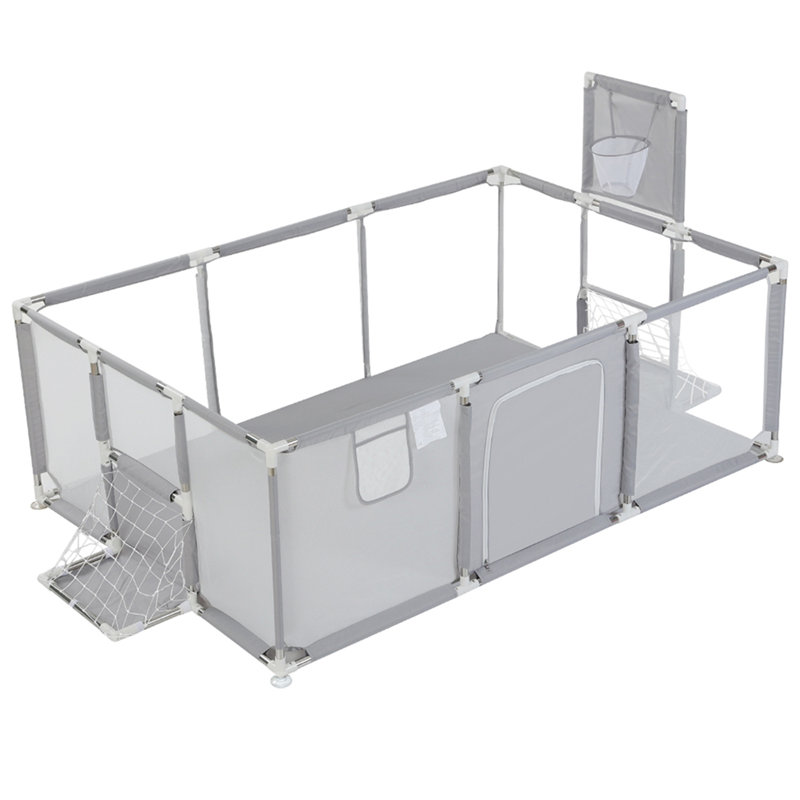 71"x48" Baby Playpen Sturdy Safety Play Yard Activity Center with Basketball Hoop and Football Net, Light Gray
