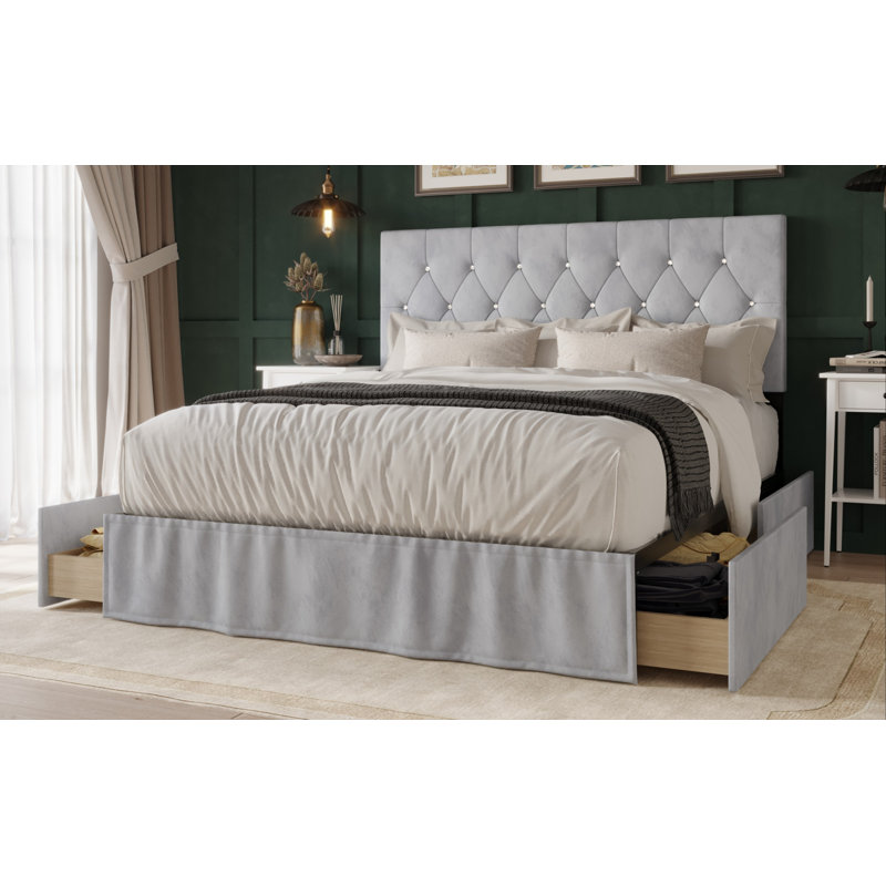 Lit à panneaux tapissier avec rangement Tandy, Gris argenté, Grand