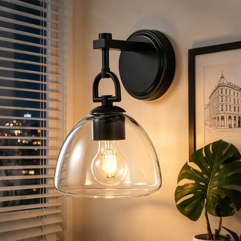 Applique murale moderne 1 lumière avec abat-jour en verre transparent, Matte Black