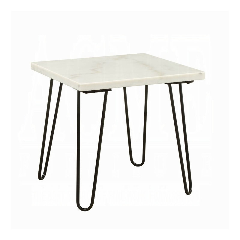 Table de bout moderne carrée avec plateau en marbre blanc et pieds en métal en forme de V noir