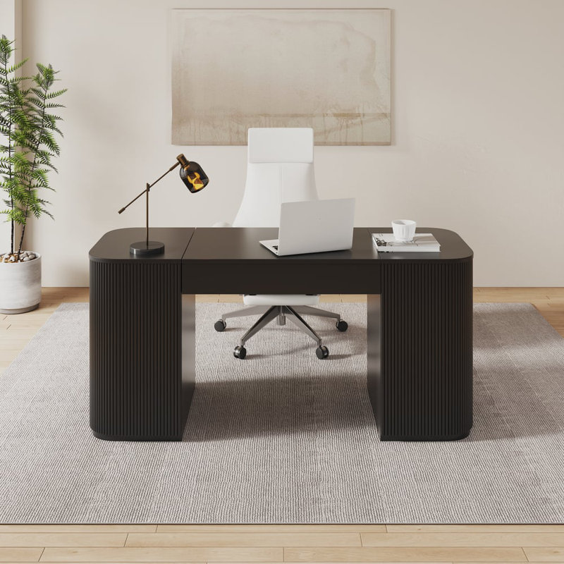 Modern Standing Writing Desk With 2 Doors & Ample Storage Office Desk, Black