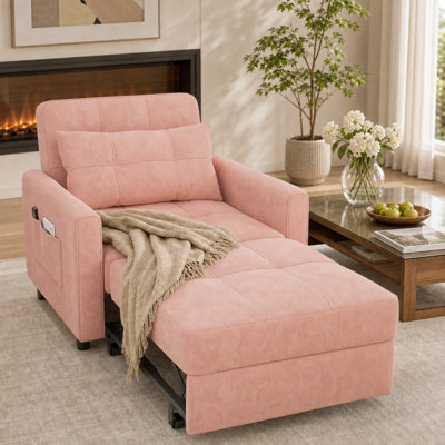 3-in-1 Convertible Pull Out Sleeper Chair, Adjustable Backrest 108°-162° Upholstered Single Sofa Bed with Side Pocket & Casters,Linen Accent Chair for Living Room Guest Room