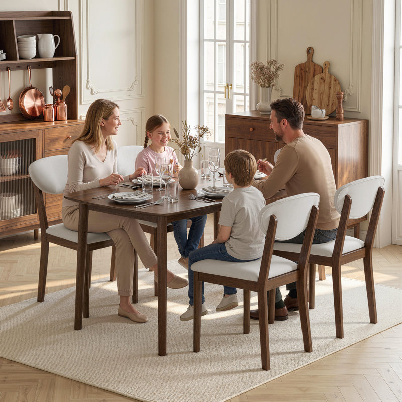 Ensemble de table de salle à manger 5 pièces pour 4 personnes, table de cuisine et chaises de style moderne Mid-Century avec sièges et dossiers rembourrés, structure en bois massif pour petit espace, salle à manger, salon, blanc crème