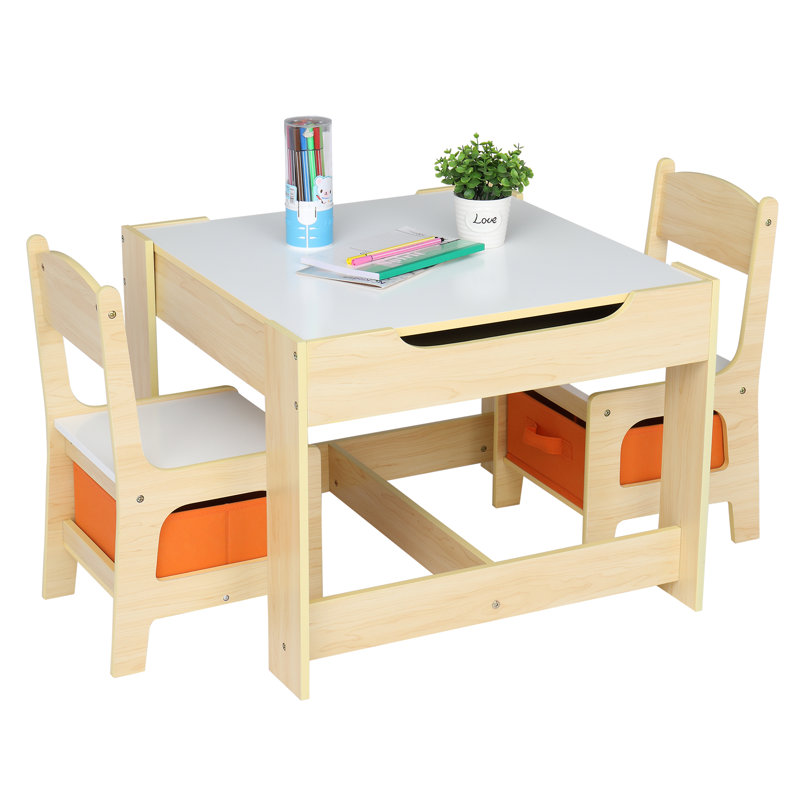 Swinehart Kids 3 Piece Square Play Or Activity Table and Chair Set, White/Nature/Orange
