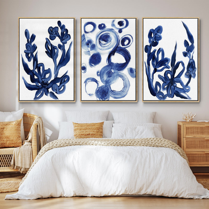 Indigo Brush Blooms I, ensemble de 3 toiles encadrées sur toile, Cadre en bois naturel, H 36 po x l 72 po