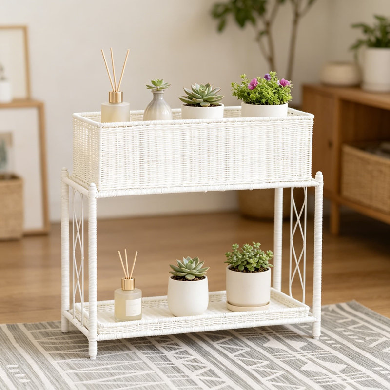 Support pour plante à deux niveaux avec tablettes interchangeables, conception en résine tissée durable pour une utilisation intérieure et extérieure