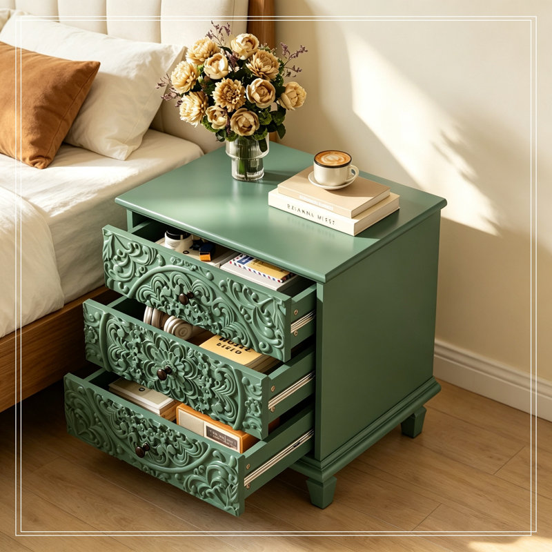 Bois sculpté Theia avec 3 tiroirs, Vert