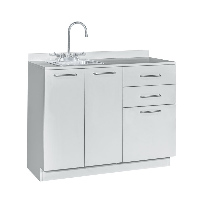 Meuble de cuisine médical bas à assembler, 42 po L, avec évier à gauche, 2 portes, 2 tablettes réglables et 3 tiroirs.