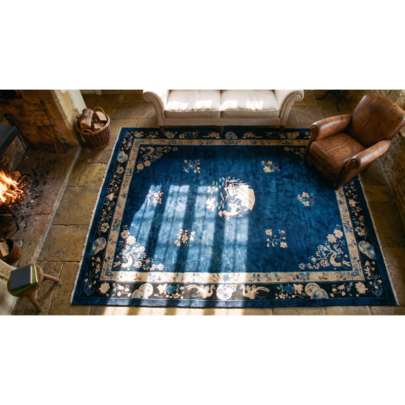 Antique Peking Chinese Floral Blue 1920s Rug