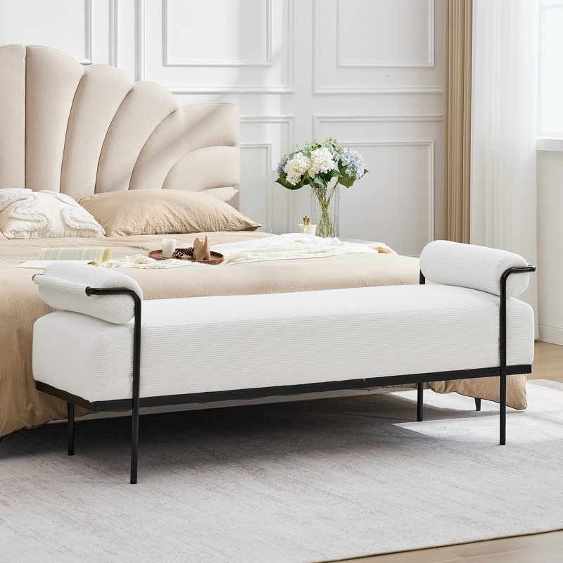 Rexdale End of Bed Bench, Modern Upholstered Ottoman Bench Seat with Black Legs, White