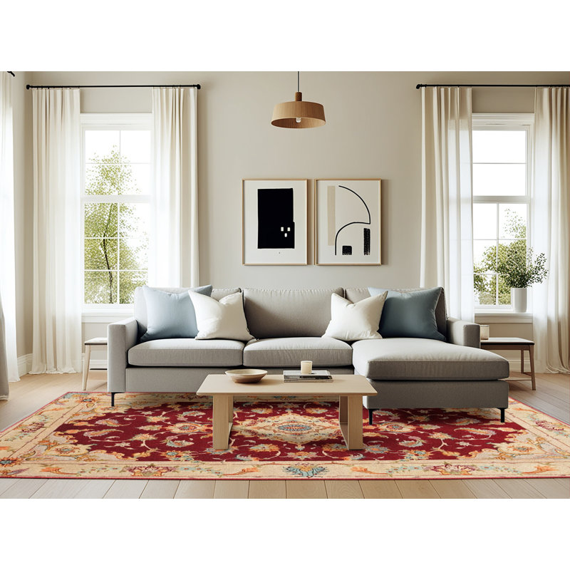 Tapis traditionnel rouge / beige Grooms, Rectangle 6 pi x 9 pi