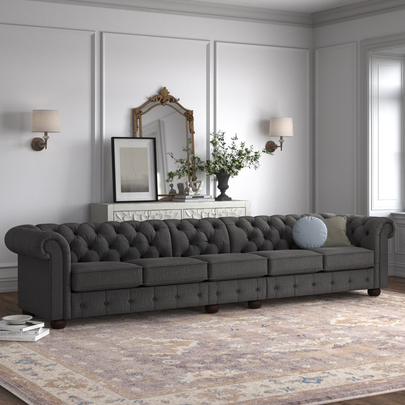 Canapé Chesterfield à accoudoirs roulés en lin 141,2 po Huskins, Lin gris foncé chiné