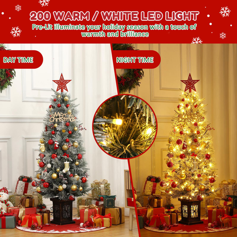 Christmas Tree-Fat Tree Body Contains 4.5Fth Potted Tree 200 Lights, 8-Mode, Frost Blossom Cedar, 4 Red Fruits, Nine-Headed Bird Light Box Base
