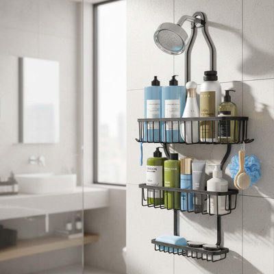 Serviteur de douche à suspendre en aluminium avec panier à savon et organisateur de douche suspendu noir 6 crochets Never Never