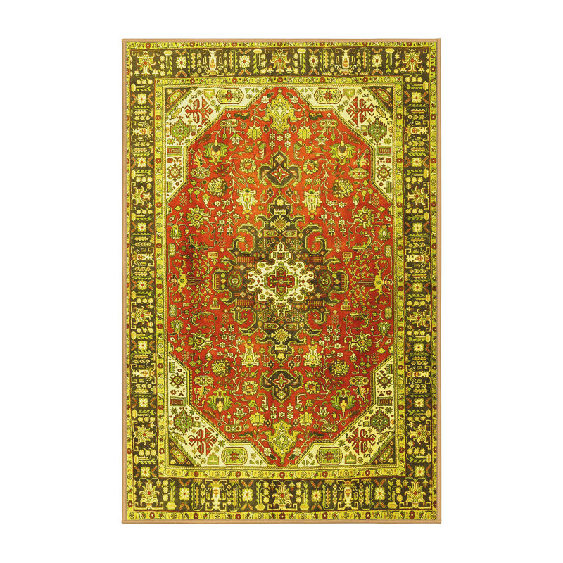 Tapis traditionnels jaunes lavables à la machine 1352, Rectangle de 5 pi x 8 pi