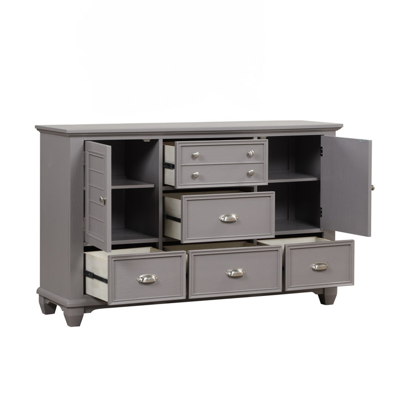 Commode Limi, 6 tiroirs, 2 armoires 2 portes, bois gris clair 61 pouces