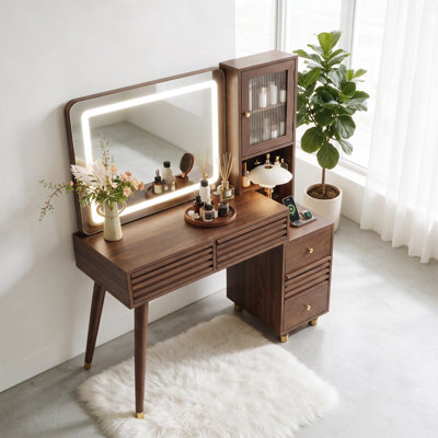 59'' LED Lighted Makeup Vanity Desk, Mid‑Century Modern Bedroom Dressing Table with Rubber Wood Legs, Power Outlet and Large Storage Space