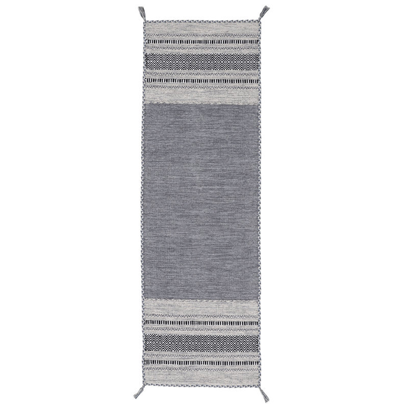 Azizi Striped Hand Woven Cotton Grey Rug, Runner 80 x 300cm